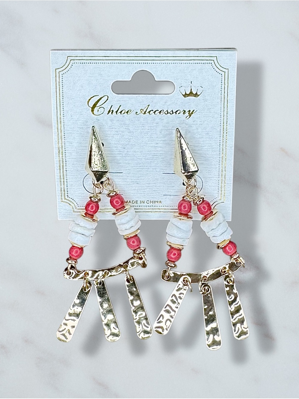 Chloe Accessory Gold Drop Earrings with White & Red Beads